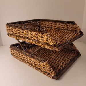 2 Tier Rattan Wicker Paper Holder Letter Tray Office IDesk File Organizer